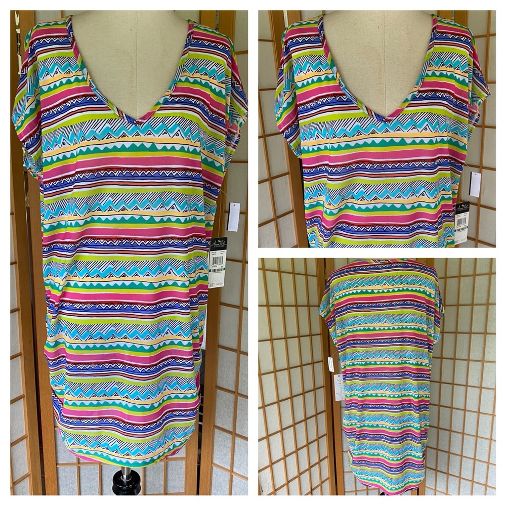Anne Cole Multicolor Striped V-Neck Swimsuit Coverup Dress SZ L/XL NWT